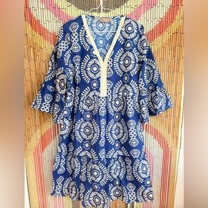 Saiph Lab Made in Italy Blue White Boho Resort Style Patterned Kaftan Dress